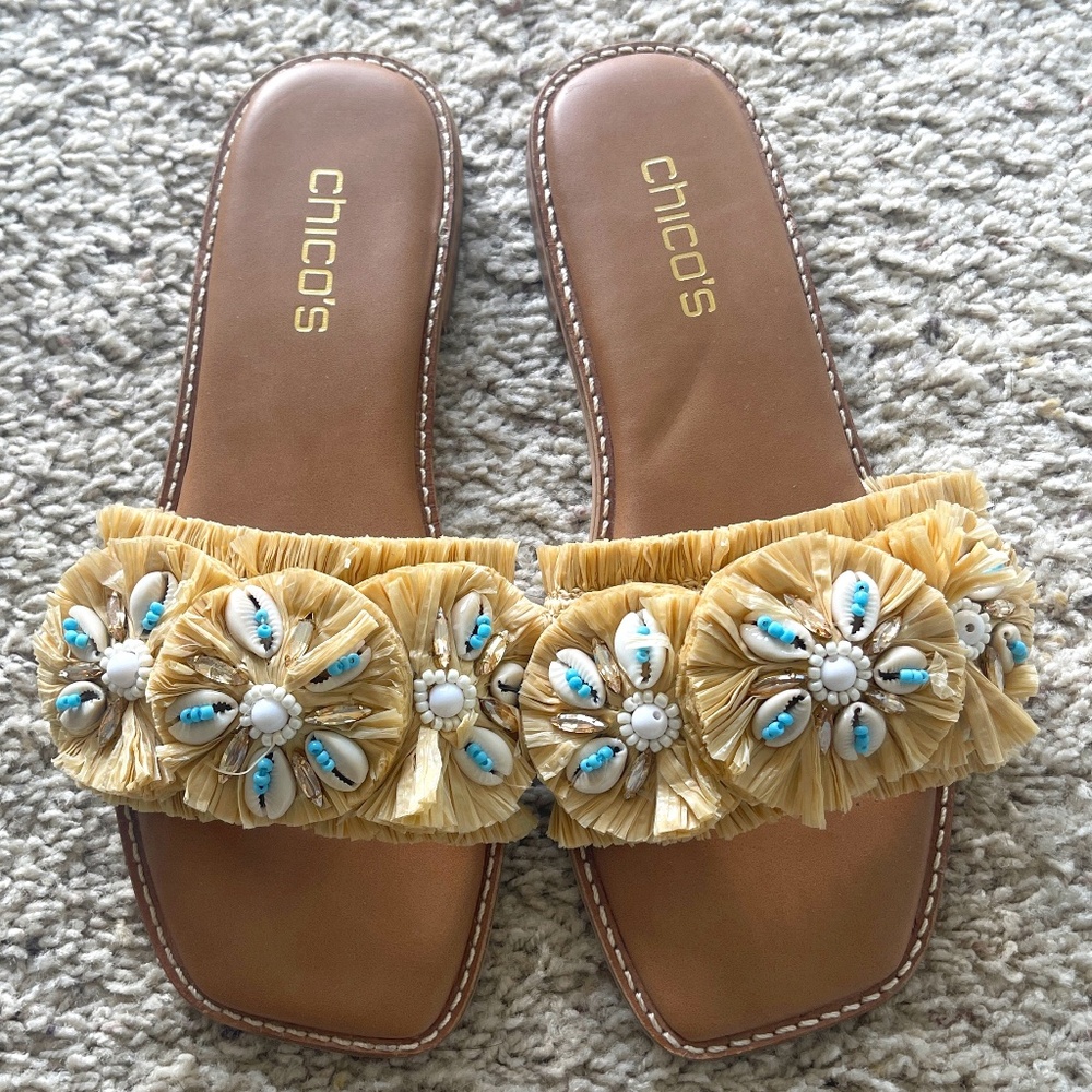 SOLD-Chico's Raffia and Seashell Slide Sandals Size 7.5 Gently Loved - Picture 1 of 5